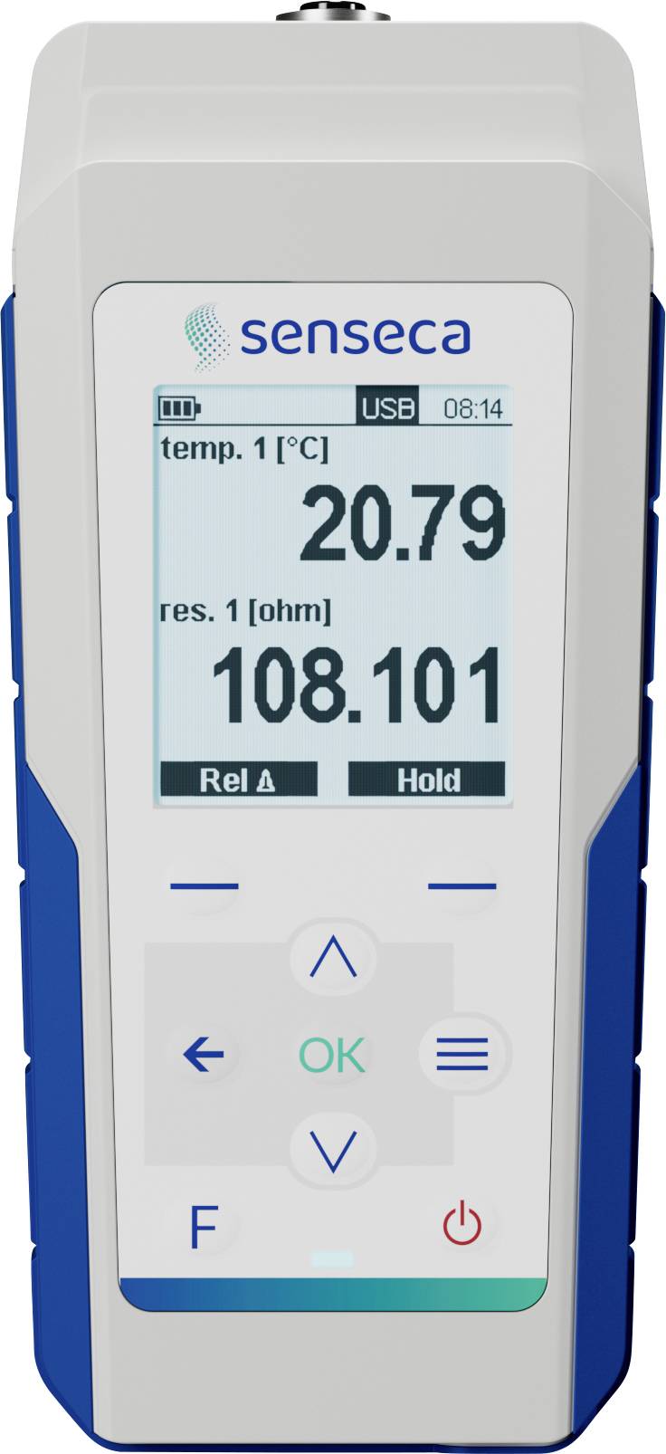 En handhållen digital mätare visar 'temp. 1 [°C] 20,79' och 'res. 1 [ohm] 108,101' med knappar för navigering och inställningar.