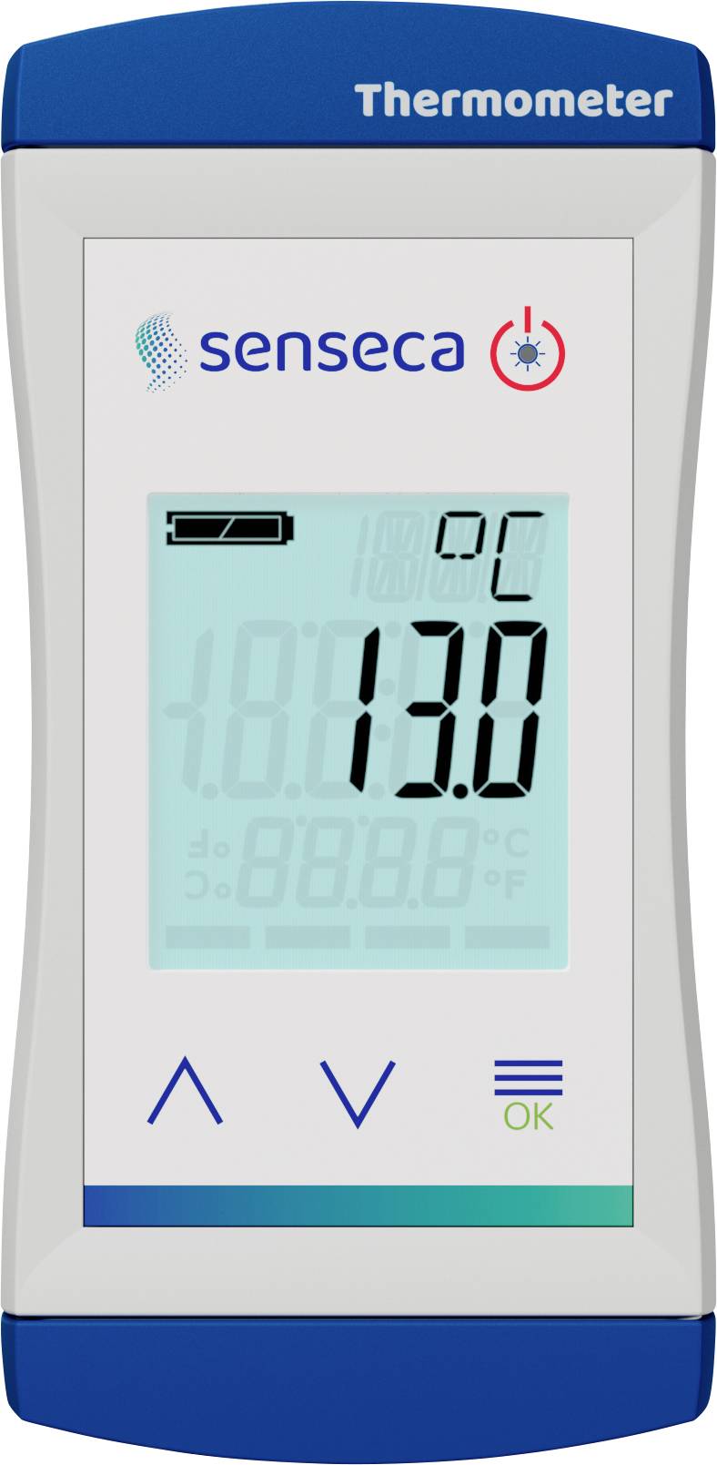 En digital termometer som visar '13,0°C', med knappar för inställningar, batteriindikator och varumärket 'Senseca' synligt på skärmen.