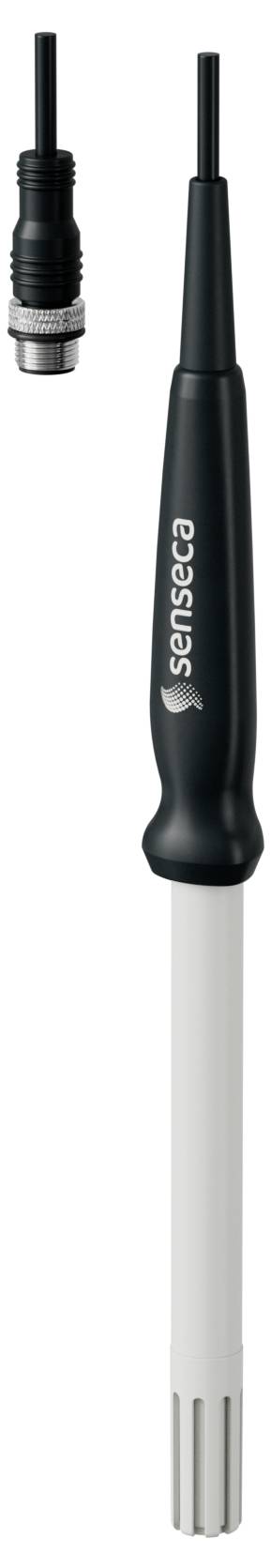 En Sensorex pH-elektrod med svart handtag och vit cylindrisk spets, avsedd för mätning av pH-nivåer, visad tillsammans med en kompatibel kabelanslutning.
