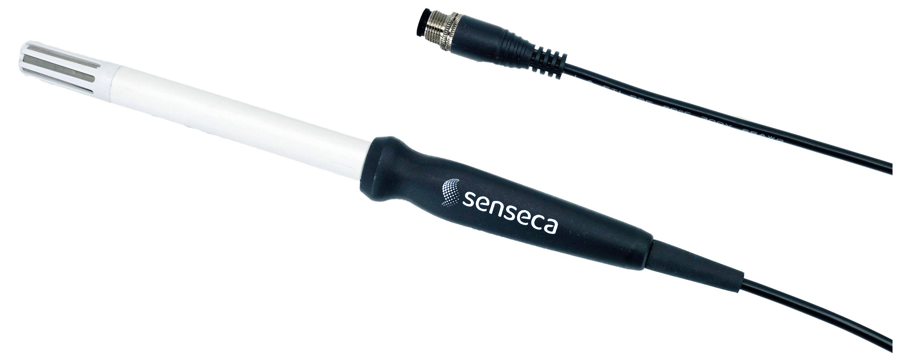 En digital temperatur- och fuktighetssensor med svart handtag, metallisk mätkropp och en ansluten kabel med kontakt.