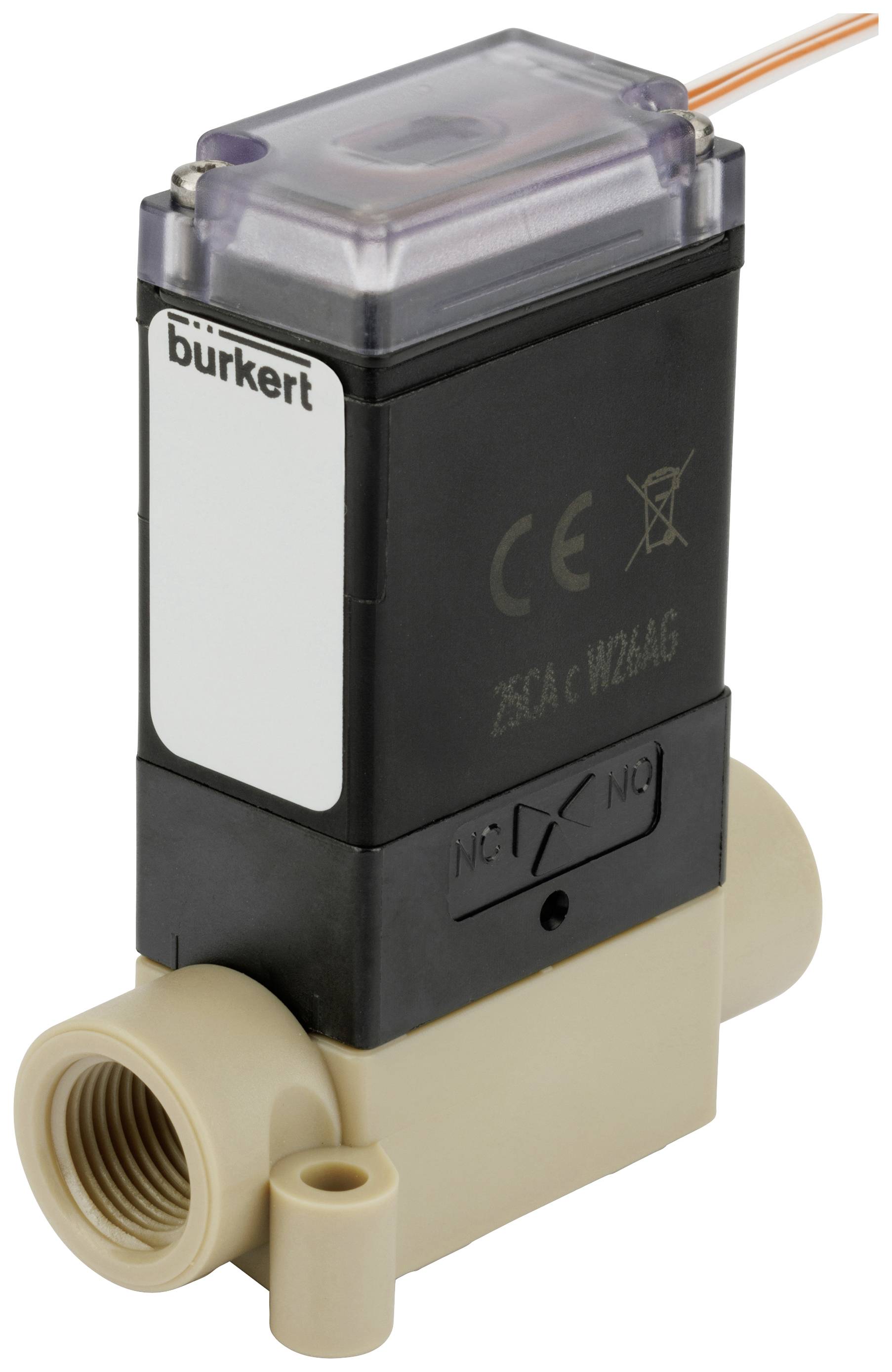 Ett elektromagnetiskt ventil från Bürkert, svart med beige anslutning, lämpligt för styrning av vätske- eller gasflöden.