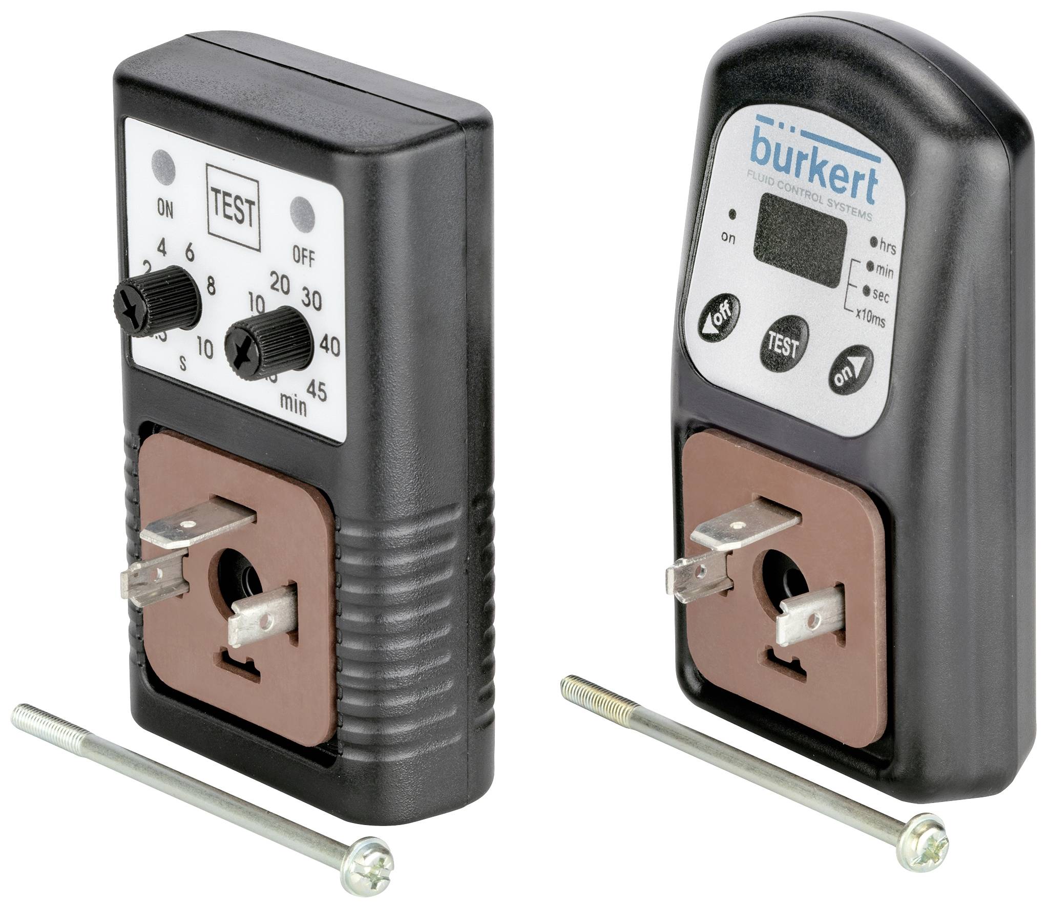 Två elektroniska styrenheter med vred, knappar och integrerade displayer som visar inställningar och status för tidsreglering.