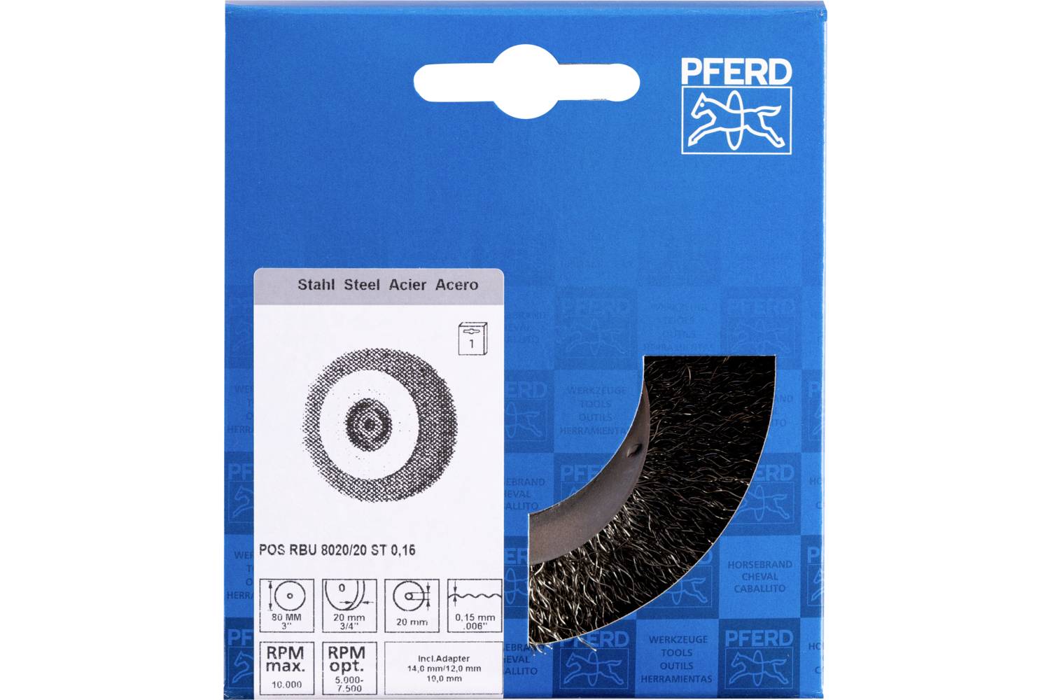 Förpackning för en Wire Brush från märket Pferd, lämplig för stål. Visar produktbild, specifikationer och varumärkets logotyp på blå bakgrund.