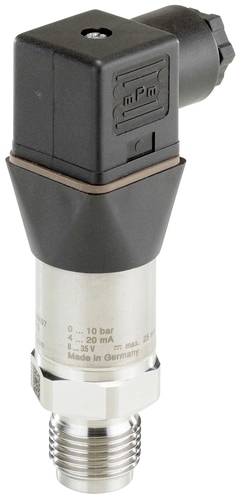 Trycksensor med gängad anslutning och svart huvud. Visningar: '0...10 bar', '4...20 mA', 'Tillverkad i Tyskland'.