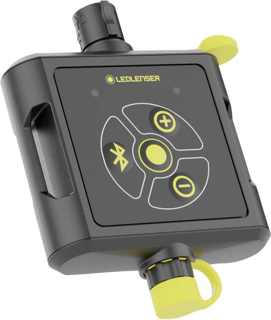 En svart-gul elektronisk enhet med logotyp, knappar för att öka och minska inställningen och Bluetooth-symbol.