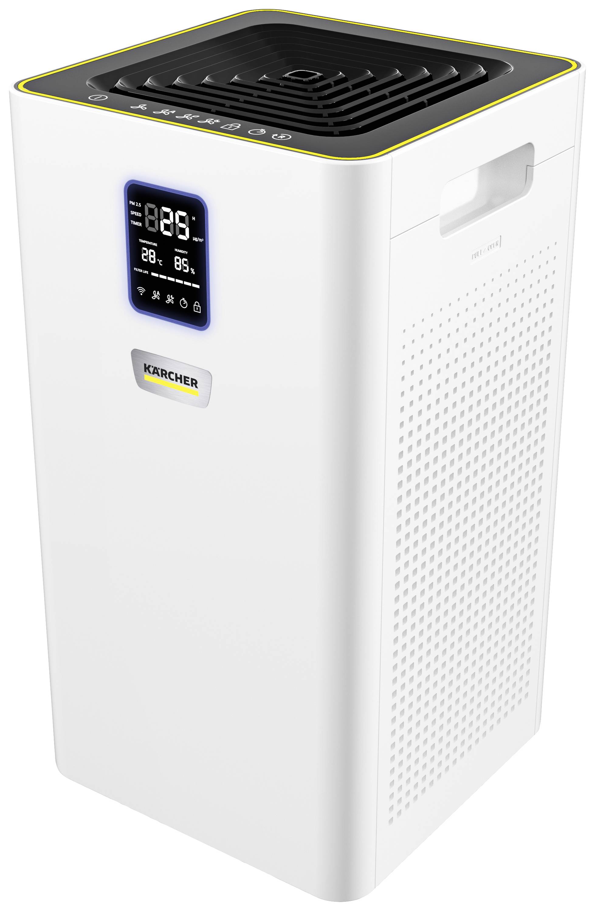 Vit luftrenare med digitalt display som visar temperatur och luftfuktighet. Ventilationsöppningar längst upp och ett handtag på sidan.