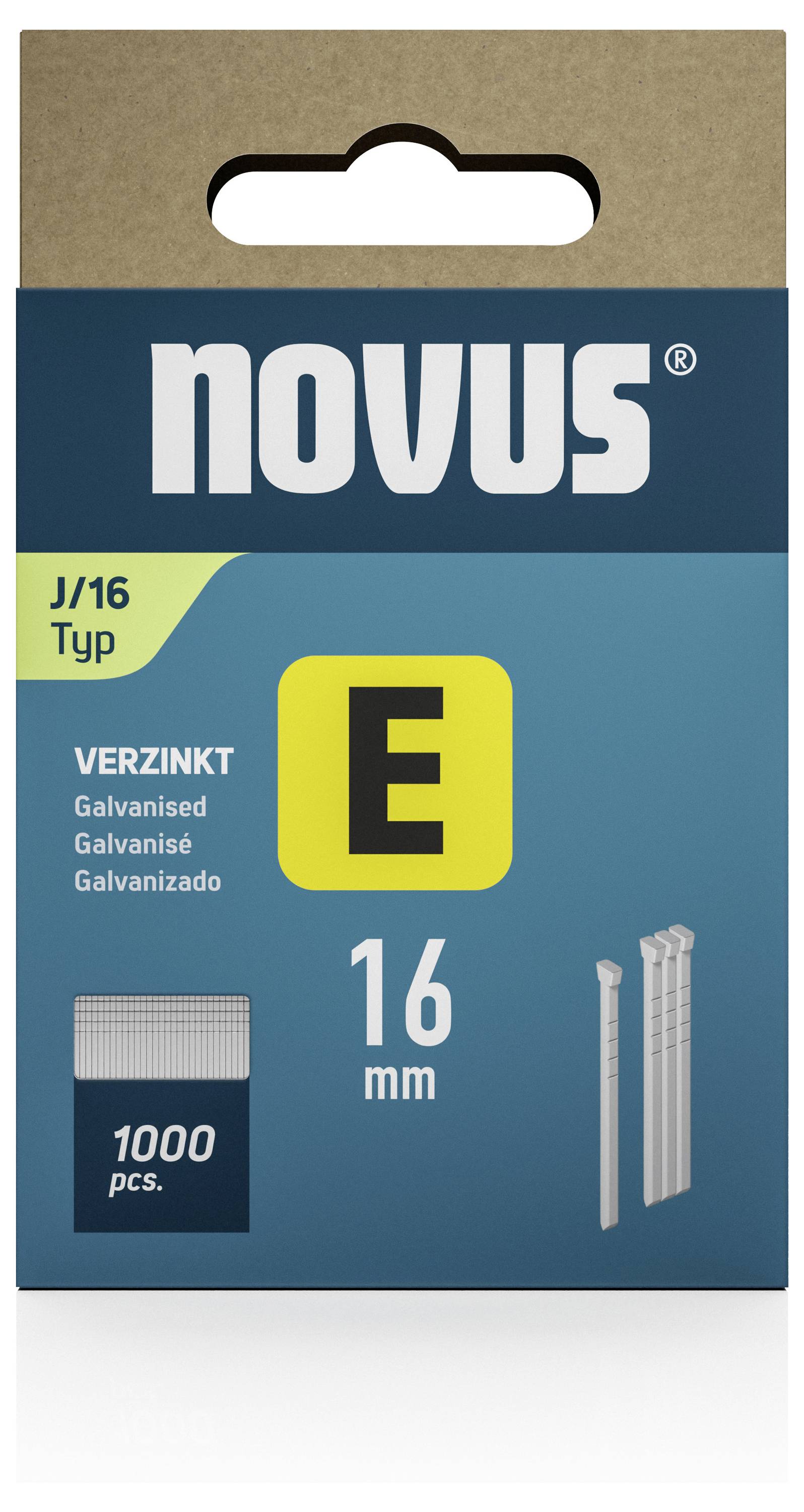 Förpackning Novus Tackerklammer typ J/16, 16 mm, förzinkade, 1000 stycken.