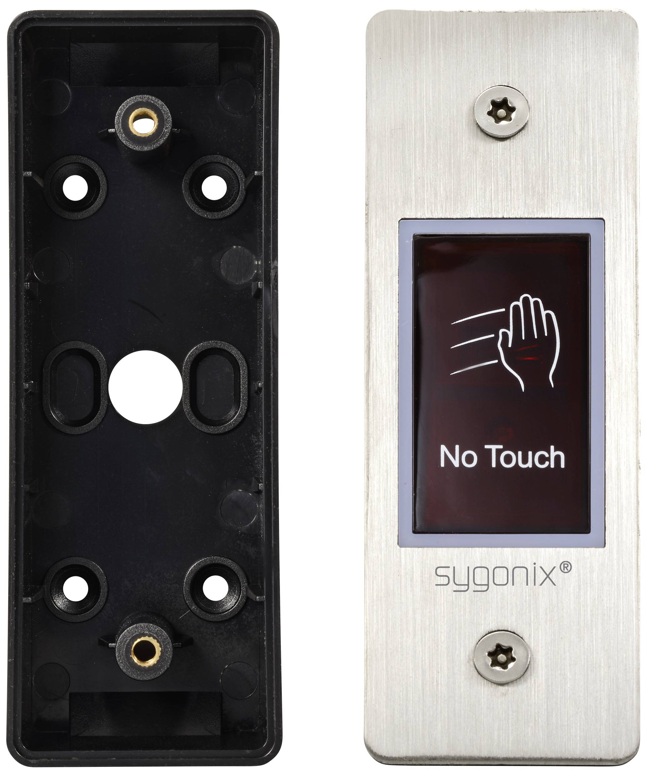 Beröringsfri sensor-switch med 'No Touch'-indikator. En rektangulär rostfri panel med svart bakplatta och en handsymbol.