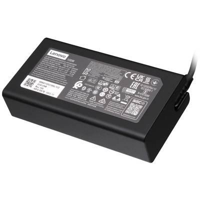Svart laptopladdare med flera säkerhetssymboler och teknisk information. Tillverkarlogotyp 'Lenovo' och effektangivelse '100W'.