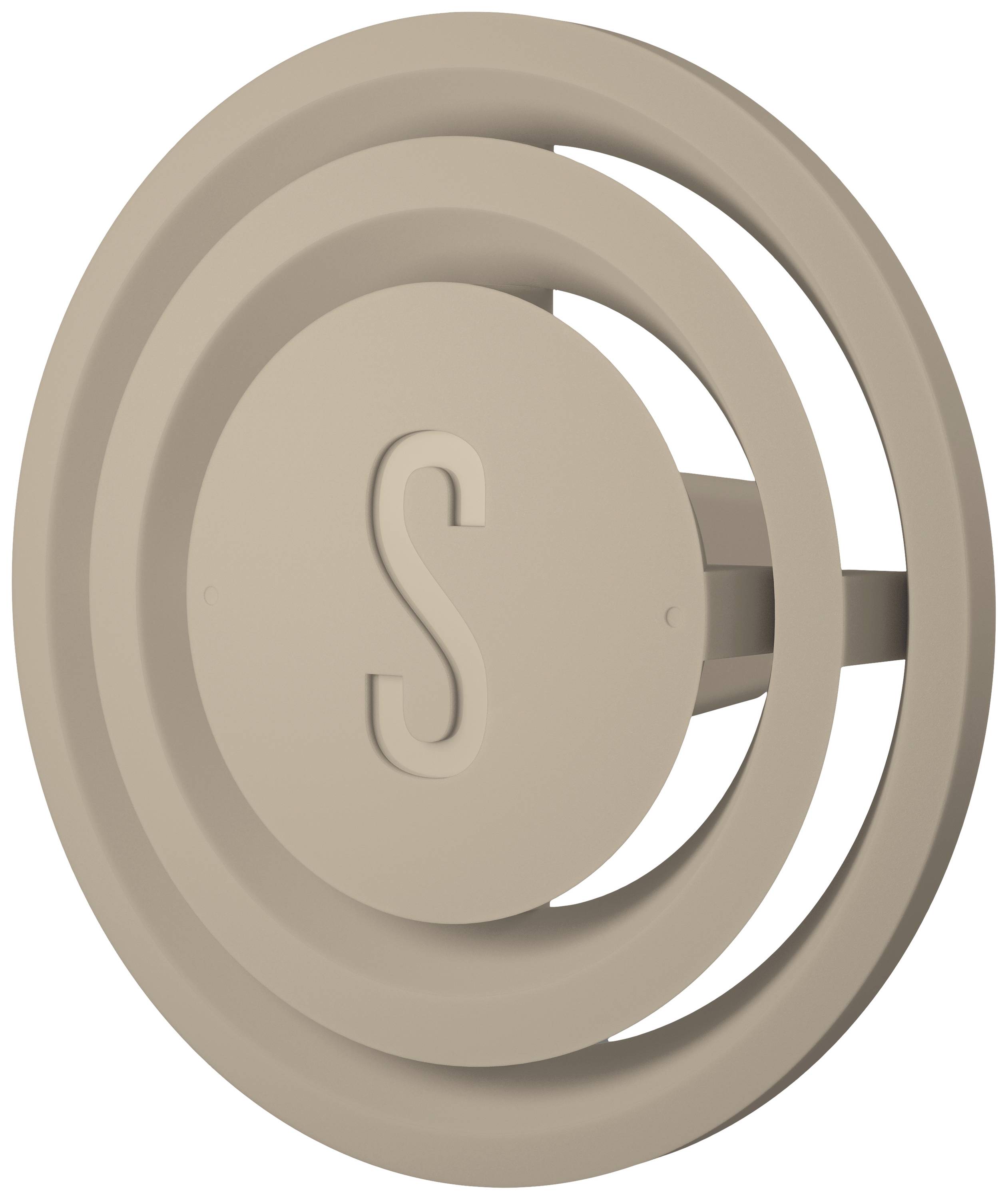 3D-modell av en rund, beige emblem med en stor bokstav 'S' i mitten.