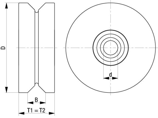Teknisk ritning av en skiva med dimensionsangivelser: Diameter D, bredd B, innerdiameter d och lika djup T1, T2.