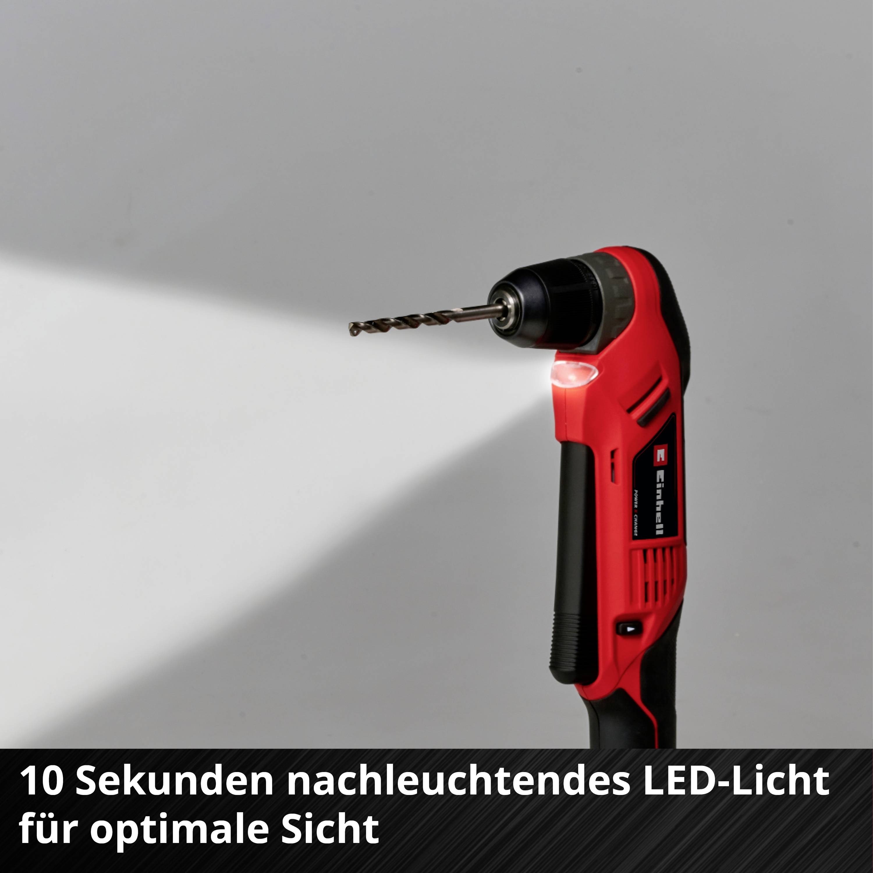 En röd sladdlös skruvdragare med borr har en LED-lampa som lyser i 10 sekunder efter användning. Text: '10 sekunders efterlysande LED-ljus för optimal sikt'.