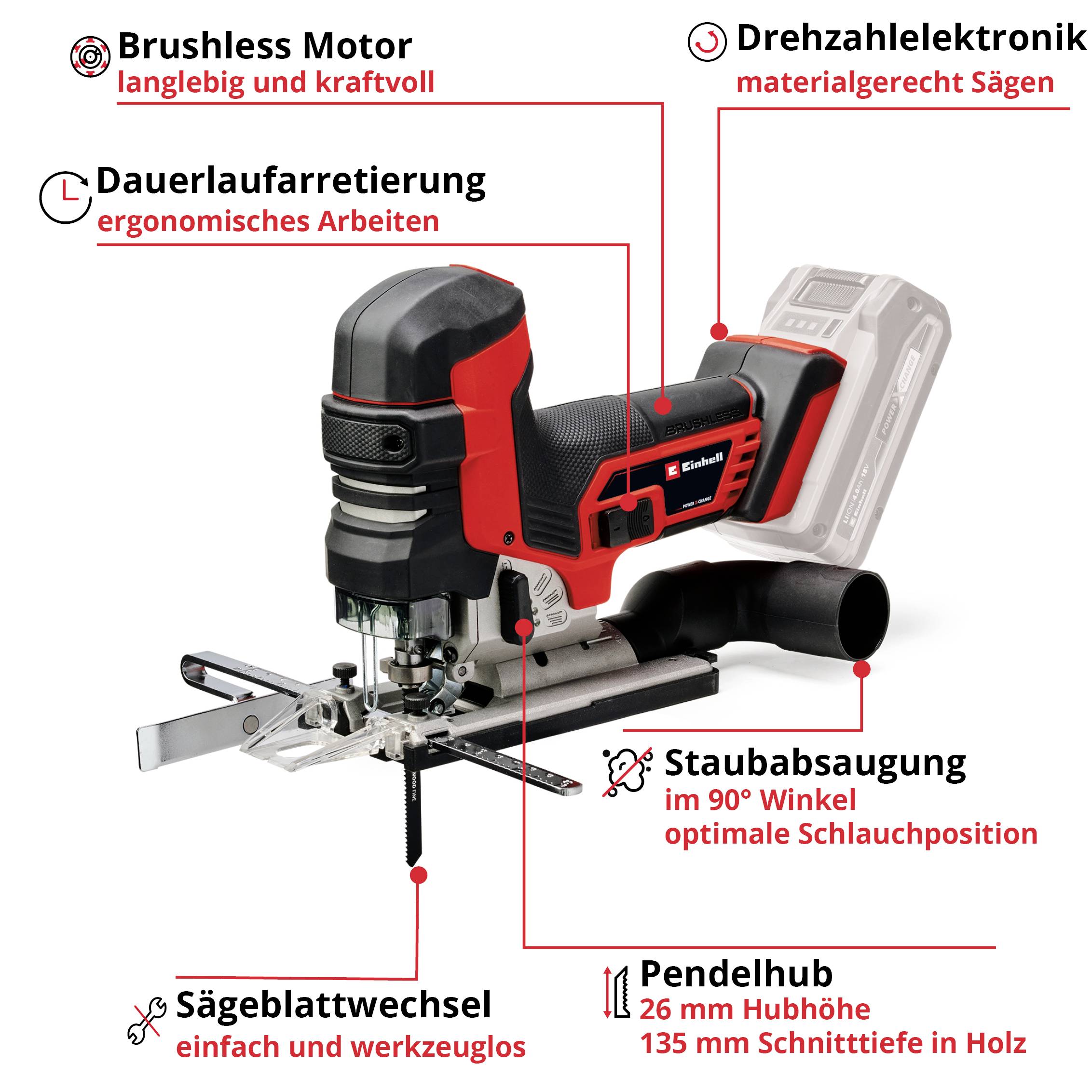 Akustisk såg med lång drifttid, varvtalsreglerad motor, enkelt sågbladsbyten, dammsugningsfunktion och pendlande rörelse.