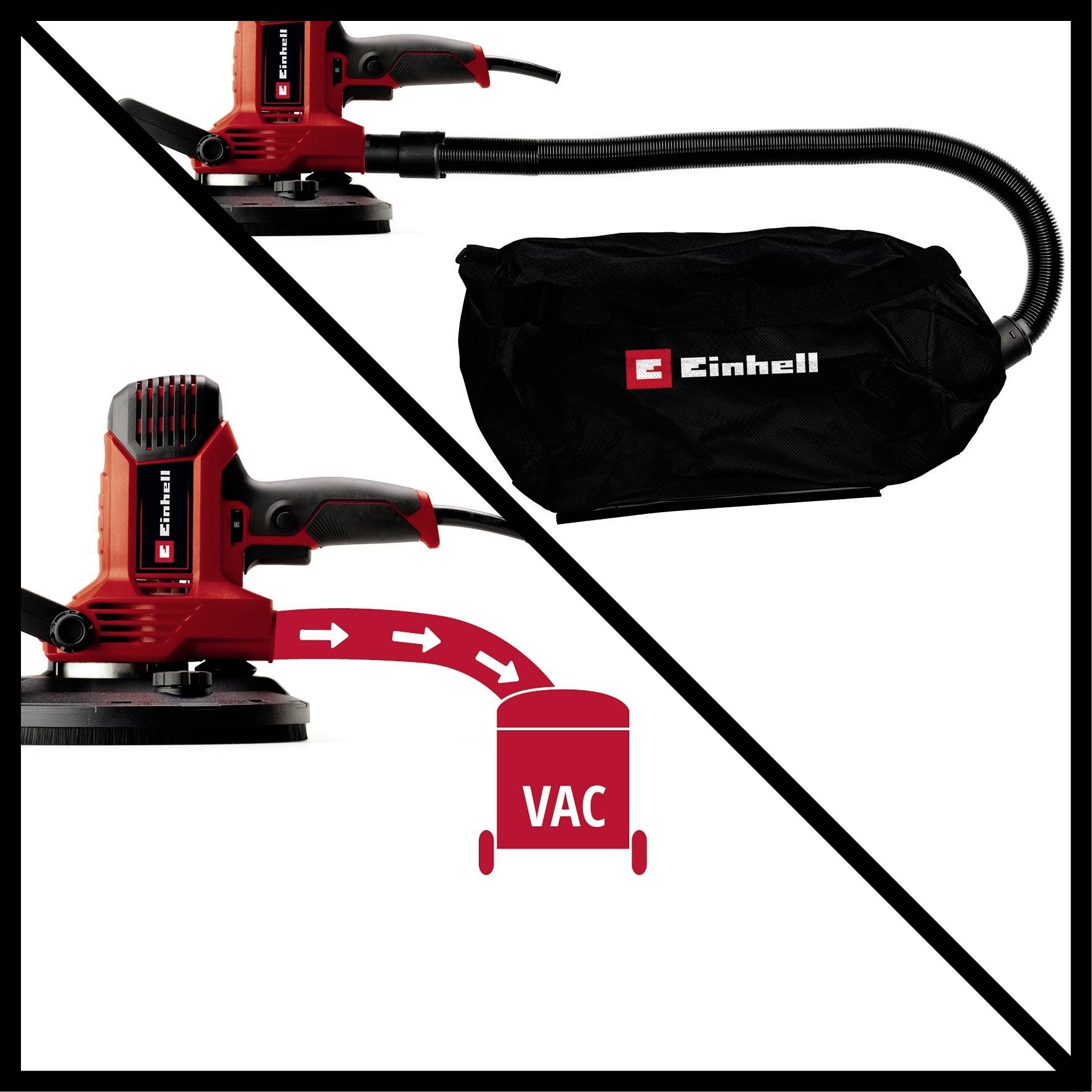 'Einhell' visar en elektrisk slipmaskin med dammuppsamling. Sliparen visas i två vyer: en gång med en dammuppsamlingspåse och en gång med 'VAC'-symbolen, som hänvisar till dammuppsamling.