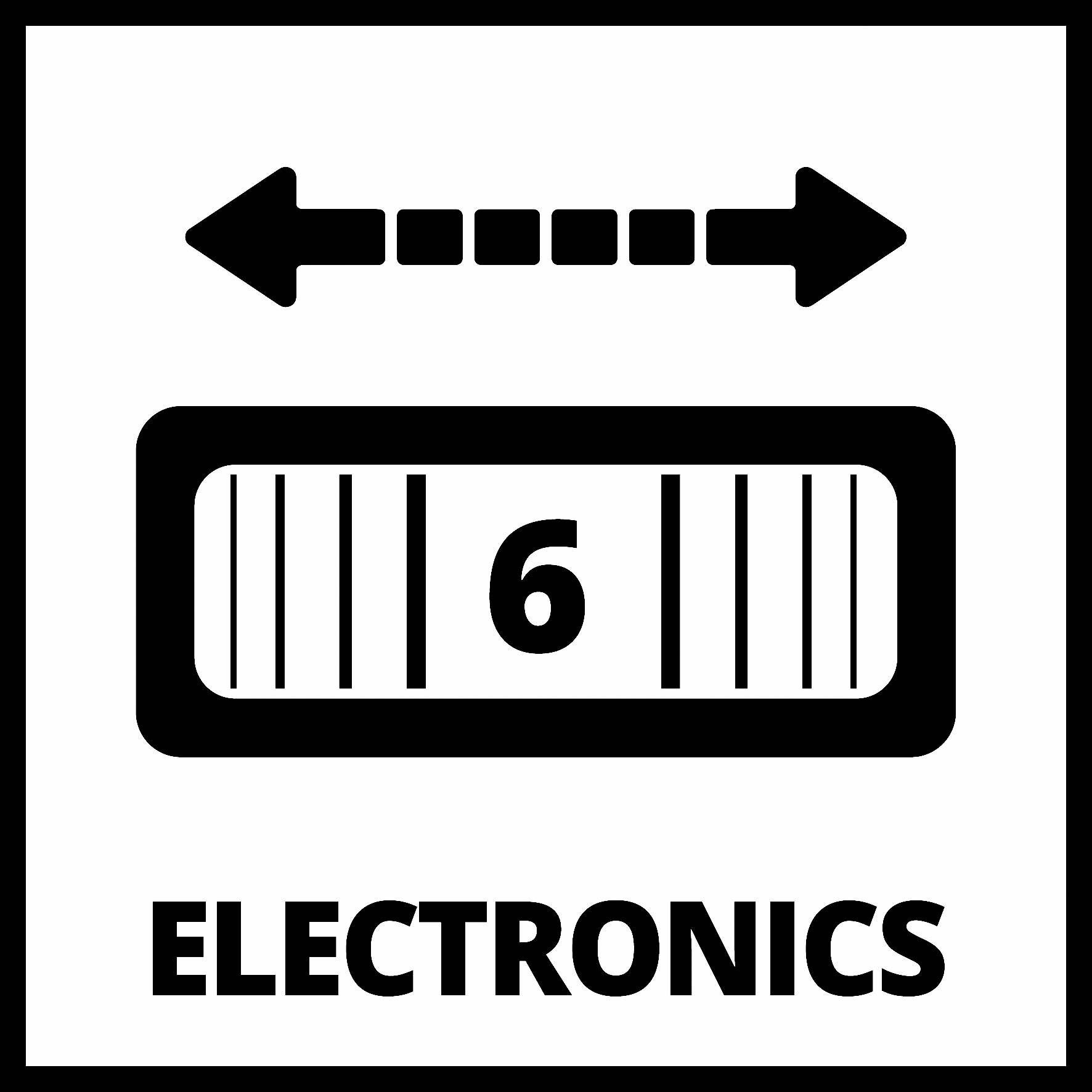 Skylt med pil i båda riktningarna, nummer 6 i en rektangel och text 'ELEKTRONIK'.