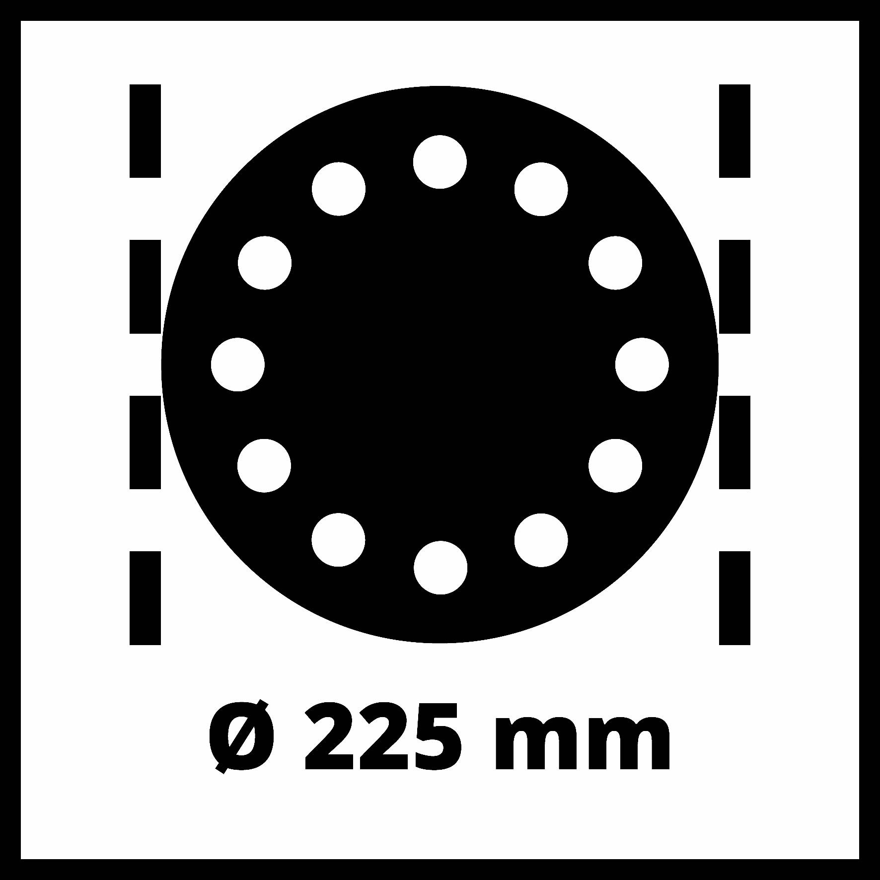 Diameter-symbol med svart cirkel och vita punkter visar 'Ø 225 mm'. Markerade linjer vid 3, 9 och under 12 timmar.