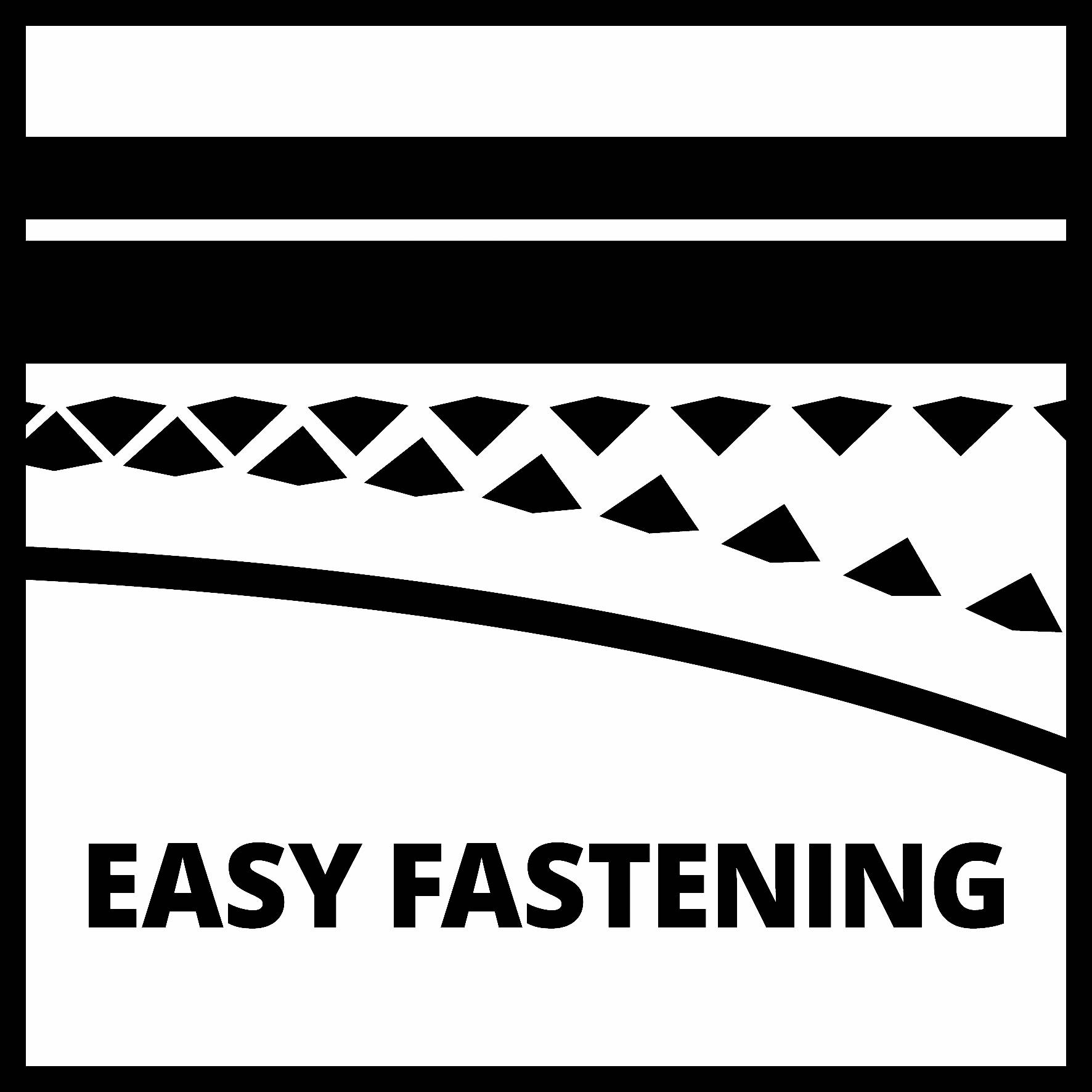'Easy Fastening' Design, visar ett grafiskt mönster av diagonala trianglar och parallella linjer ovanför ett namn med text.