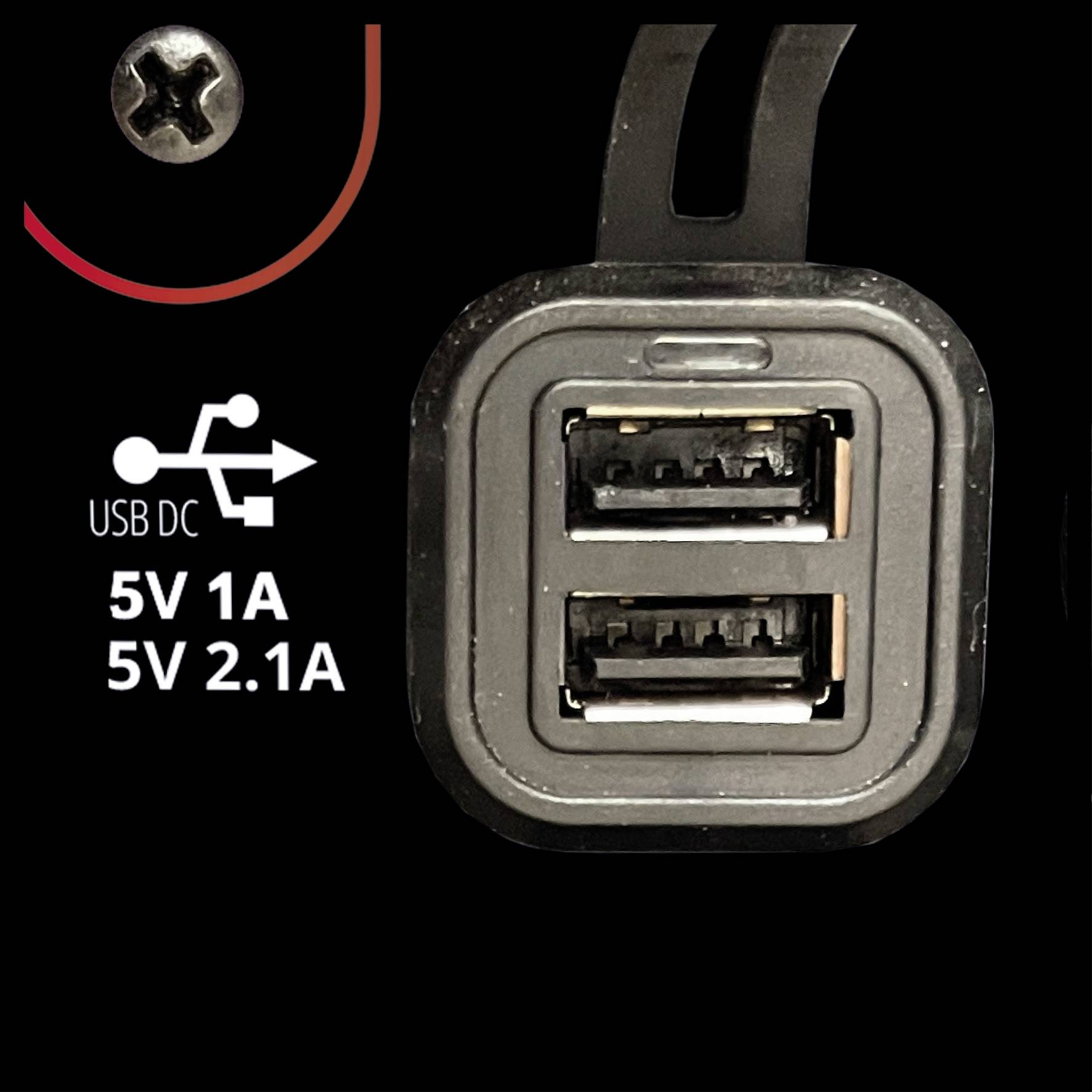 USB DC-delare med två USB-portar, strömstyrkeoptioner: 5V 1A och 5V 2,1A.