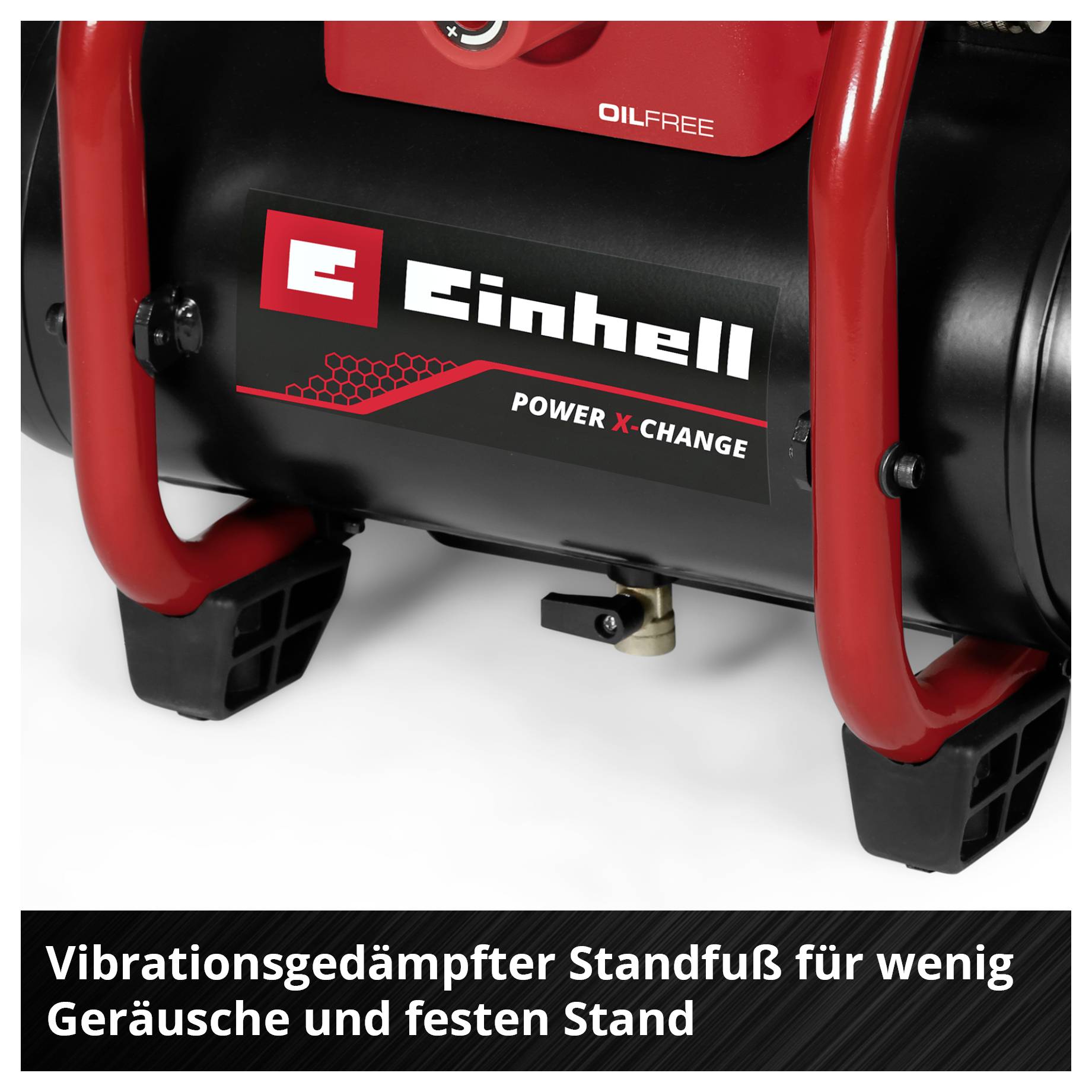 Närbild av en Einhell-kompressor med vibrationsdämpad stödfot; text: "Vibrationsdämpad stödfot för låga ljud och stabil ställning".