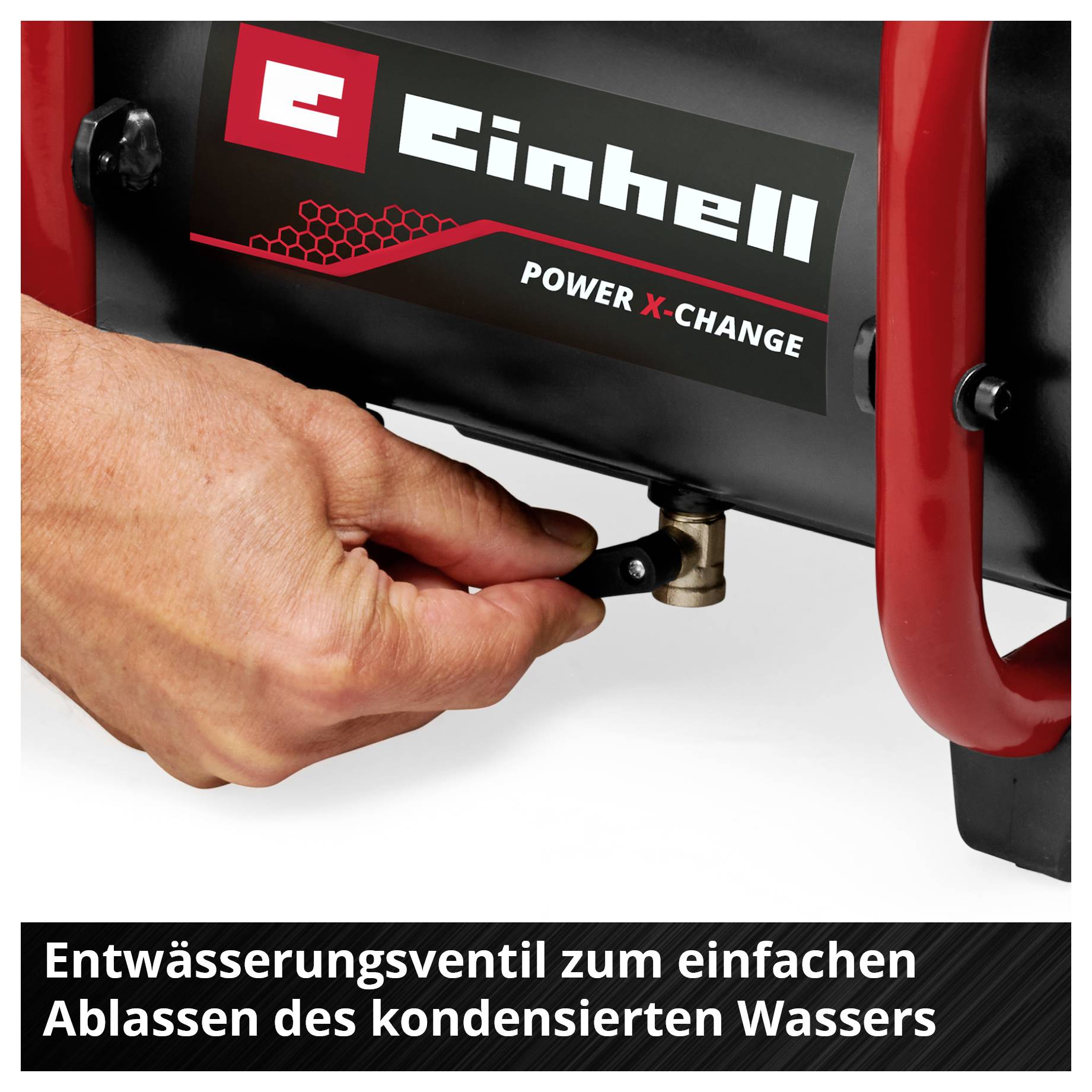 Hand betätigt ventilen för avloppsvatten på en Einhell Power X-Change-enhet för att tappa av kondensvatten; Text: 'Avloppsventil för enkel tappning av kondenserat vatten'.