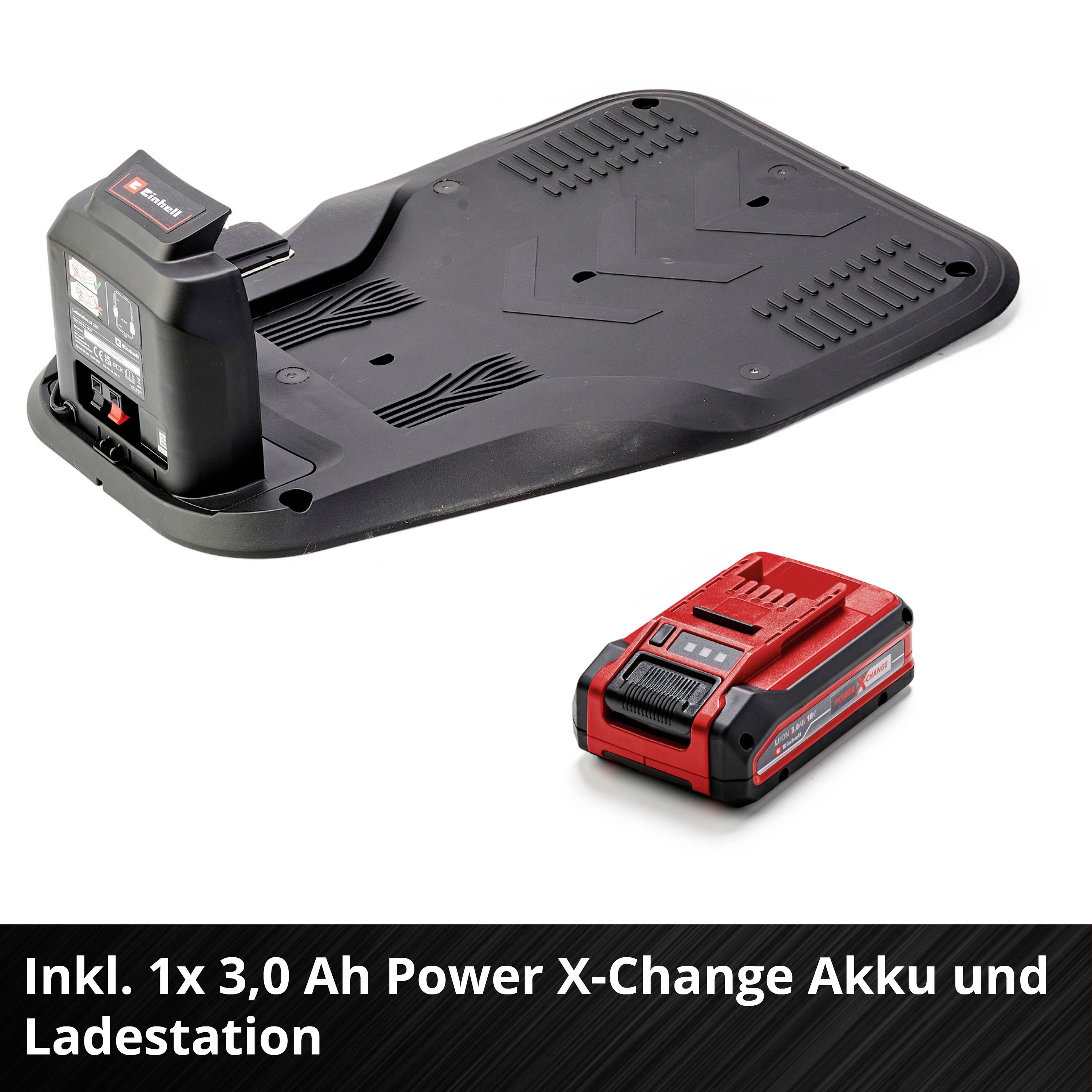 En laddare och en 3,0 Ah Einhell Power X-Change batteri, visad med laddningsplatta. Text: 'Inkl. 1x 3,0 Ah Power X-Change batteri och laddstation'.