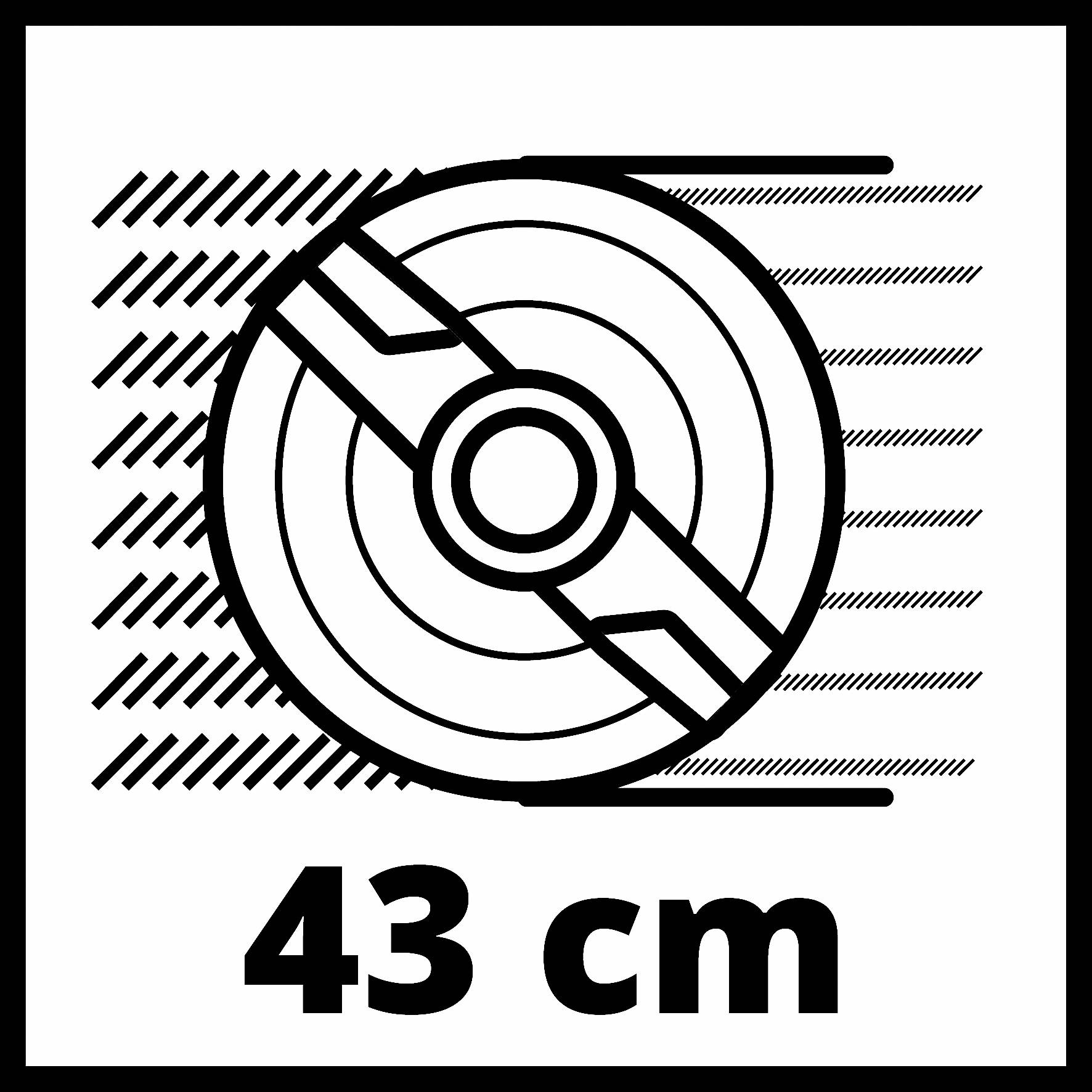 En svart-vit cirkel med en diameter på 43 cm som visar en stiliserad rörelselinje till höger.