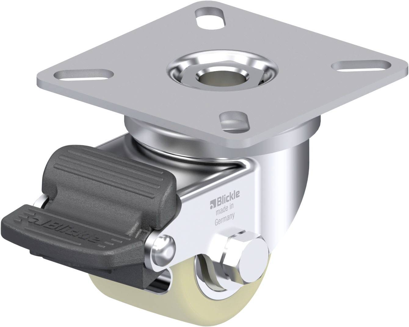 Hjul med fästplatta och broms, lämplig för möbler eller utrustning. Silver med svart pedal, kompakt design.