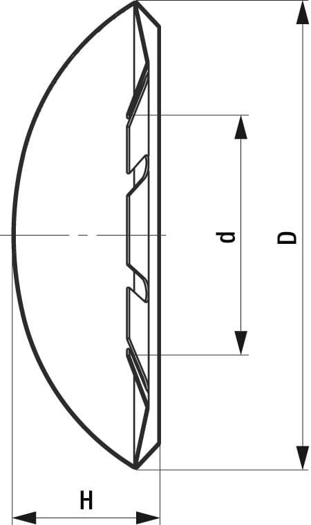 Ett schematiskt diagram visar sidovyn av en halvrund, konkav lins med markerade mått för höjd (H), diameter (D) och djup (d).