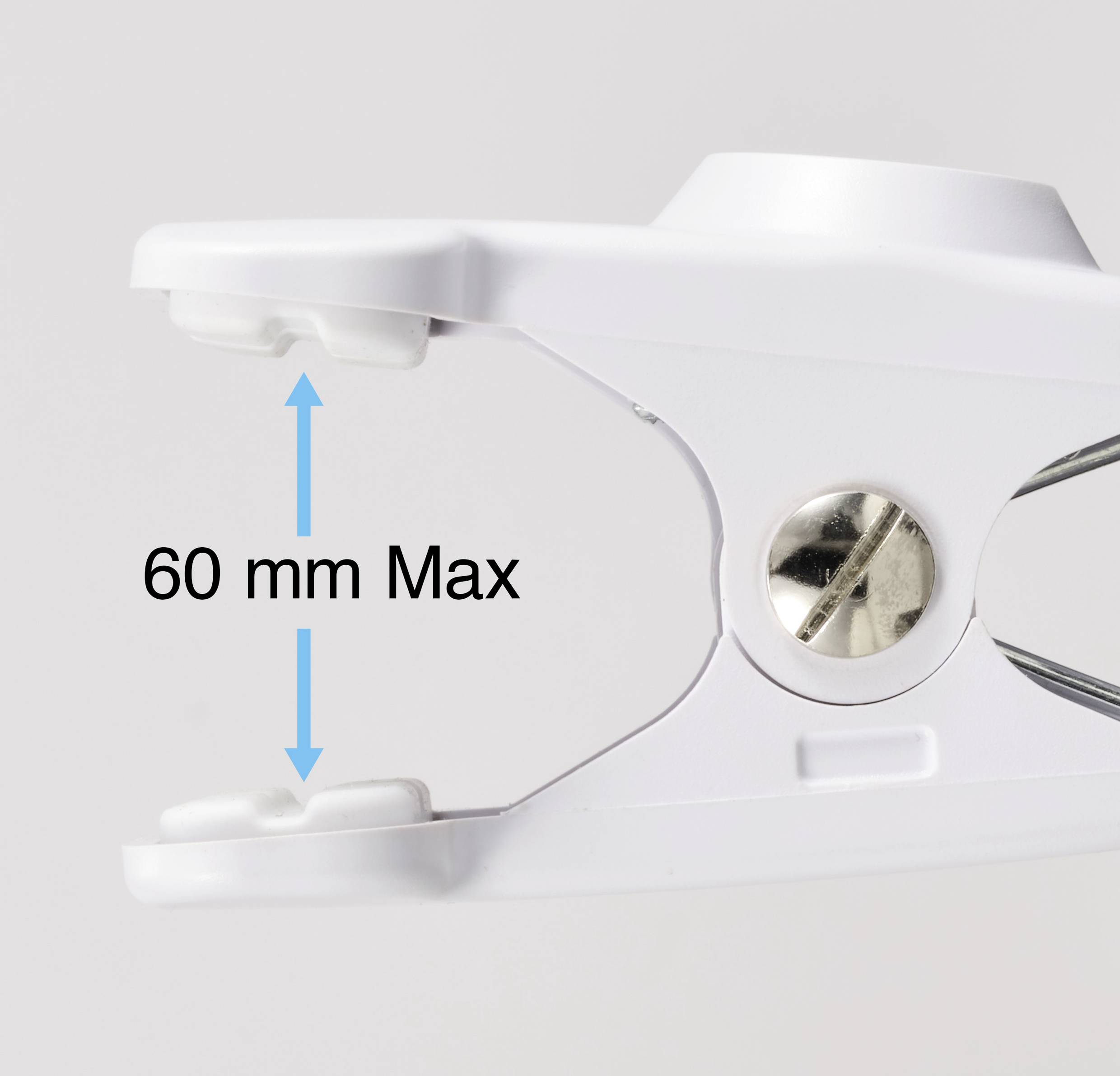 Närbild av en vit klämma med en maximal öppningsvidd på 60 mm, illustrerad genom en blå dubbelpil.