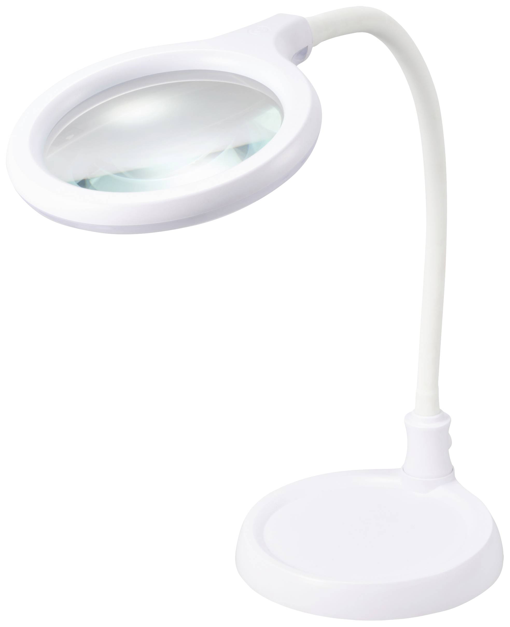 Vit bordslup med flexibel arm och stort rundslipat glas, perfekt för att förstora små detaljer vid närarbete.