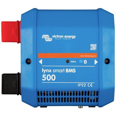 En blå batteriskydd med texten 'lynx smart BMS 500' från Victron Energy. Visar Bluetooth-symbol och statusindikator.