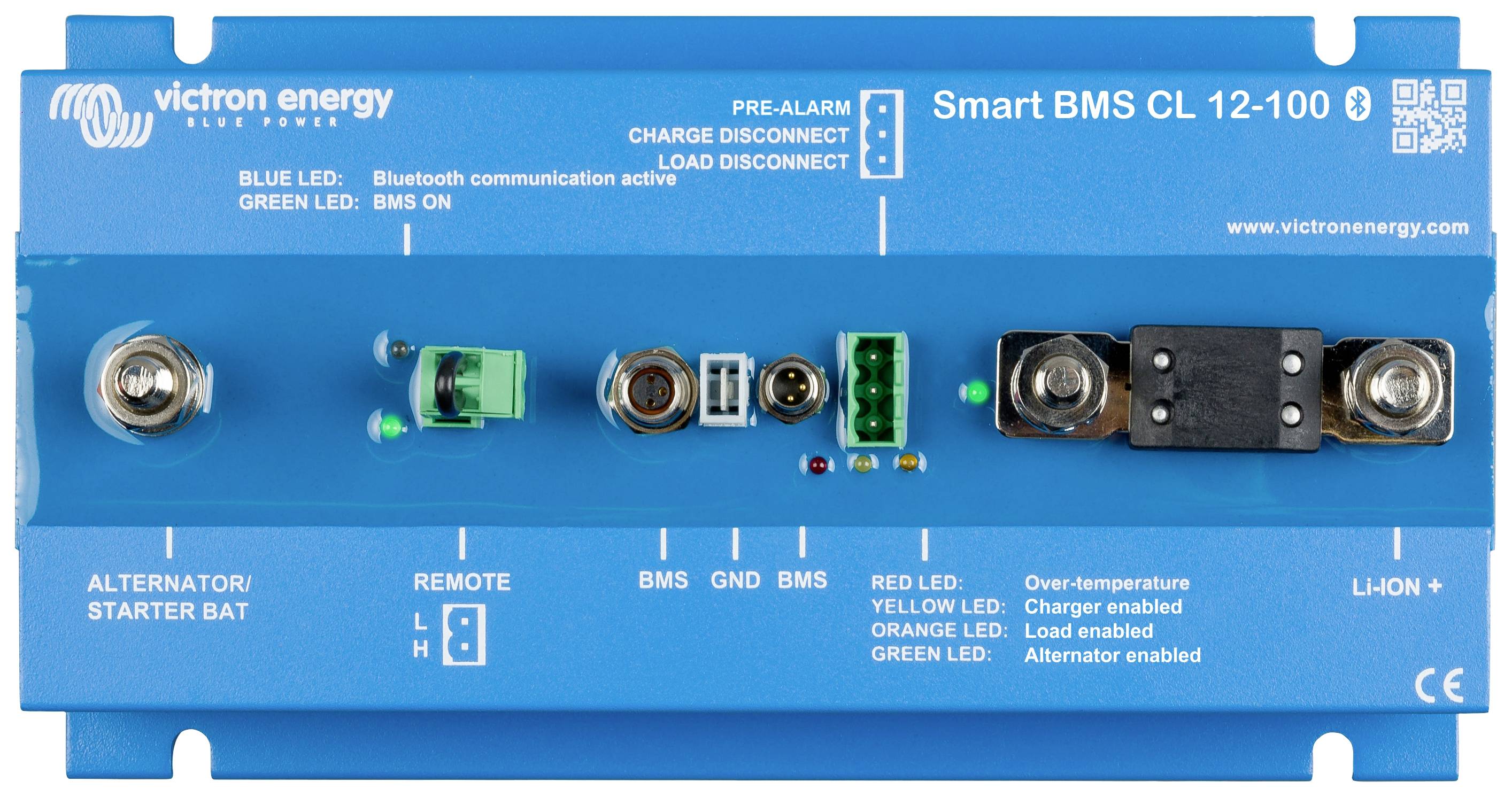 En blå Smart BMS CL 12-100 från Victron Energy visar anslutningar och kontrollampor för batteriövervakning och skyddssystem.