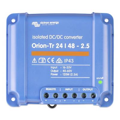 Blå Orion-Tr 24/48-2,5 DC/DC-omvandlare från Victron Energy. Visar ingångs- och utgångsspänningar, effekt och skyddsklass IP43.