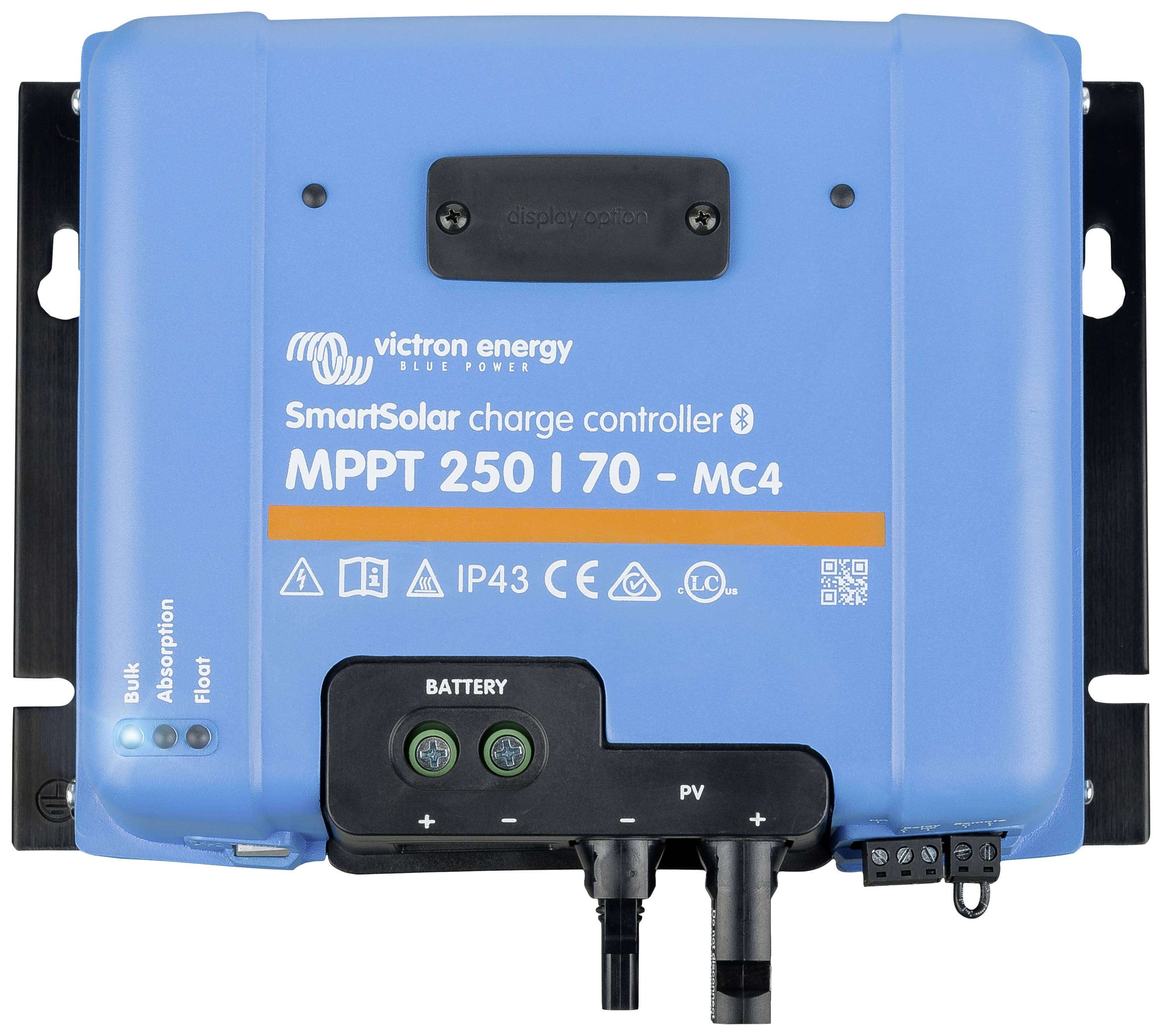 Blå 'Victron Energy SmartSolar' laddregulator, modell MPPT 250/70 MC4, med anslutningar och statusvisningar för Bulk, Absorption, Float.