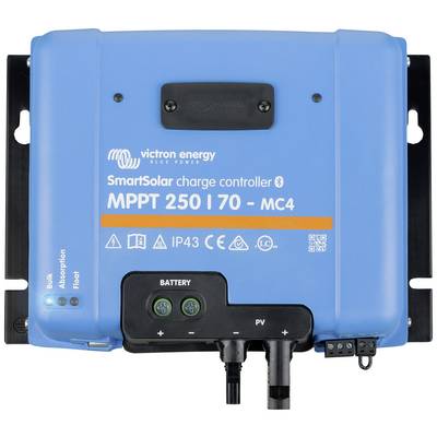 Blå 'Victron Energy SmartSolar' laddregulator, modell MPPT 250/70 MC4, med anslutningar och statusvisningar för Bulk, Absorption, Float.