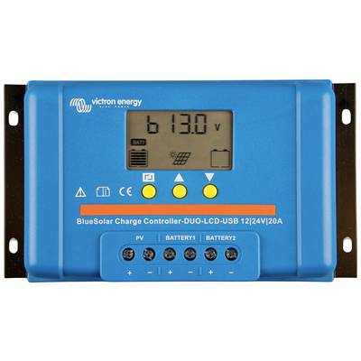 Blå solcellsladdregulator med digitalt display som visar '613.0 V'. Fyra gula knappar och symboler för batteri, solpanel och USB. Märke: Victron Energy.