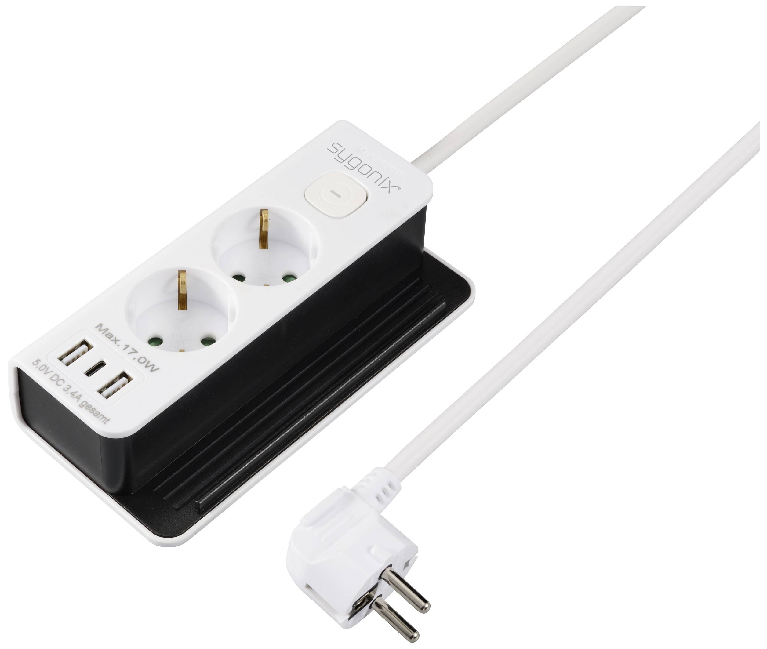 En grenuttag med två eluttag och två USB-portar, ansluten med en vit sladd och kontakt.