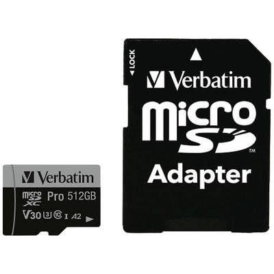 Ett svart microSD-kort från Verbatim med 512 GB lagringskapacitet bredvid en matchande adapter.