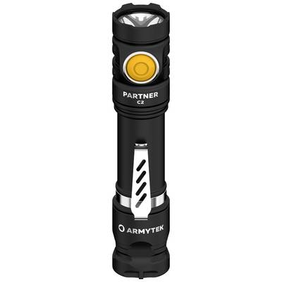 Svart ficklampa med gul knapp och silverclip, märkt med 'PARTNER C2' och 'ARMYTEK'.
