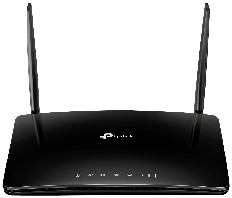 En svart WLAN-router med två antenner på en vit yta. Varumärkets logotyp 'TP-Link' synlig på framsidan.