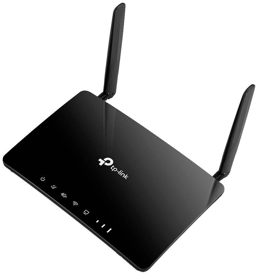 En svart WLAN-router med två antennerna, TP-Links logotyp synlig framifrån. Visar statuslysdioder för ström, internet och WLAN.