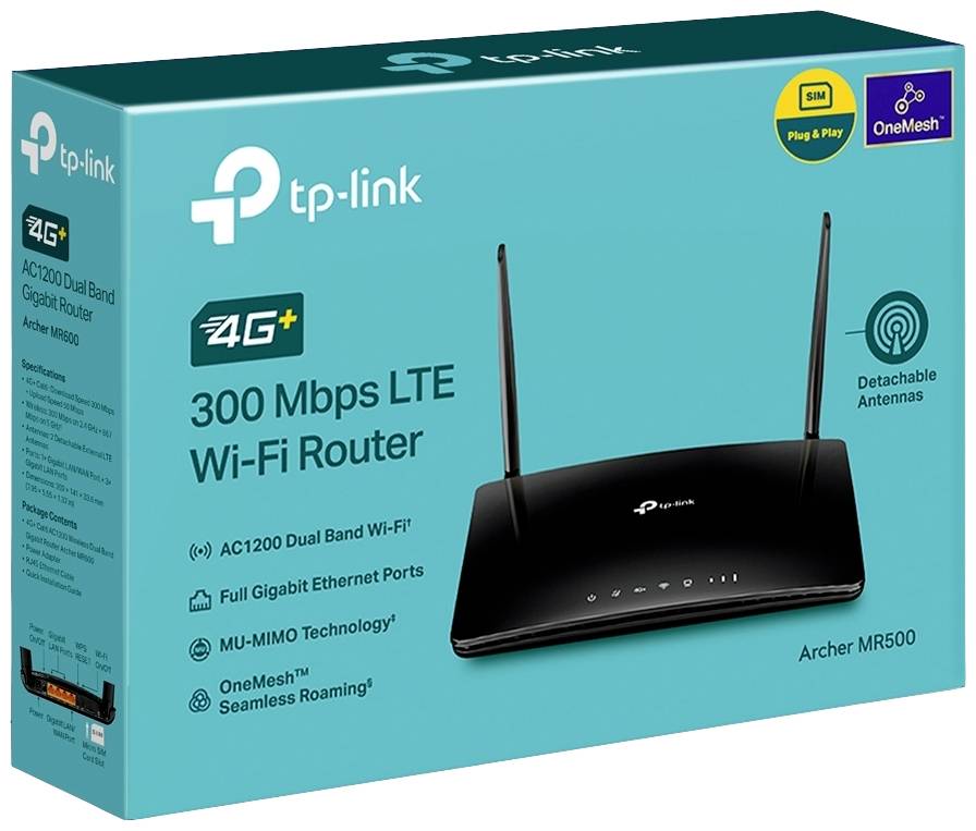 TP-Link Archer MR500 4G+ LTE-router förpackning med avtagbara antennrer, data för AC1200 Dual Band Wi-Fi, MU-MIMO, OneMesh och Gigabit-portar.