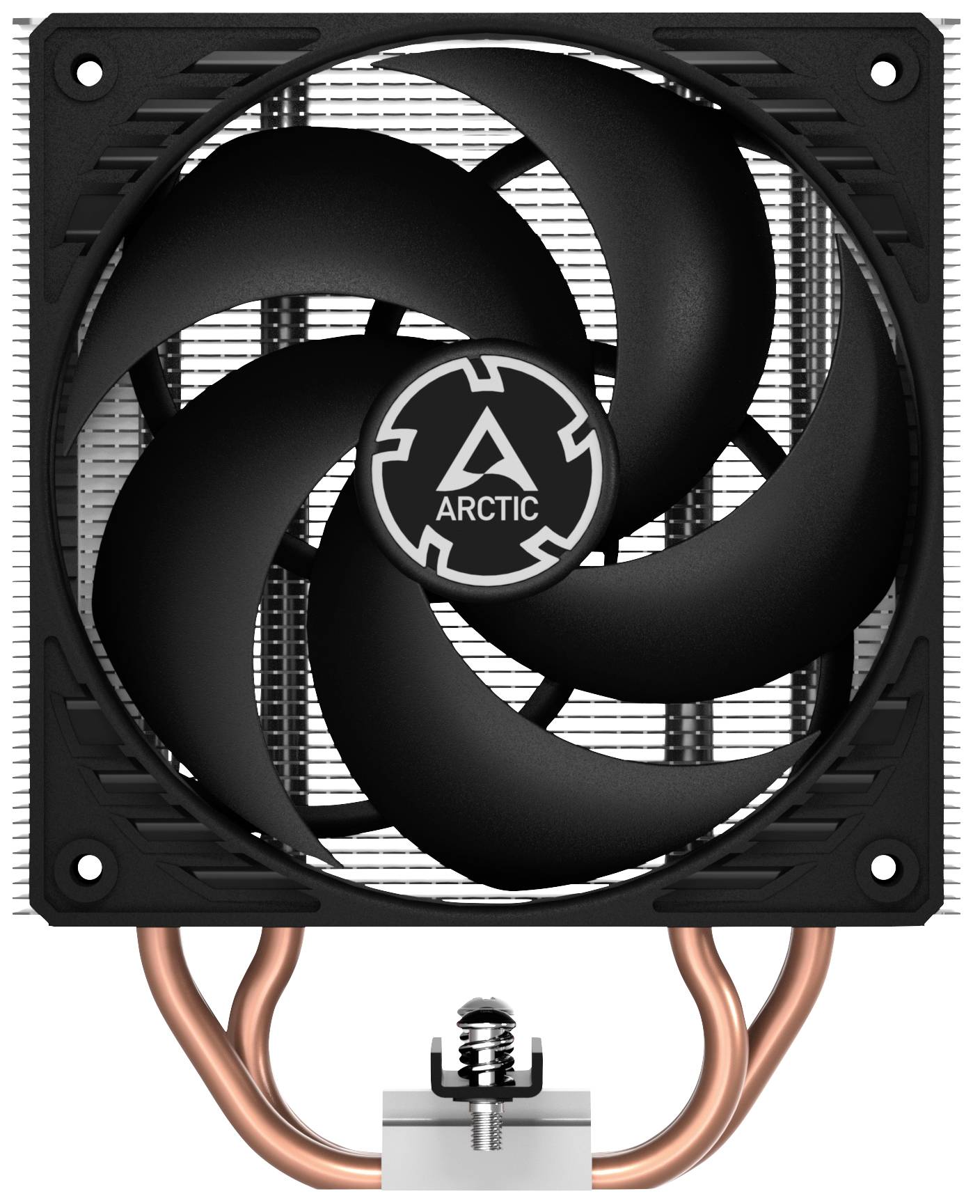 En processorkylare med stor fläkt och kopparvärmerör, märkt med logotypen 'Arctic'. Lämplig för kylning av datorer processorer.