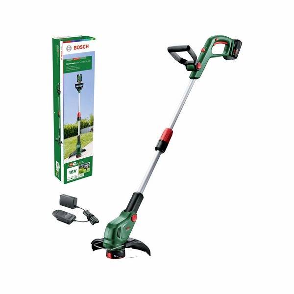 En trådlös Bosch grästrimmer med justerbart skaft och tillhörande laddare. Produktförpackningen synlig i bakgrunden.