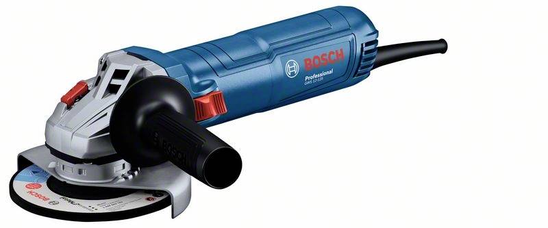 Blå Bosch-vinkelslip med svart handtag och rött logo, lämplig för slip- och skärarbeten.