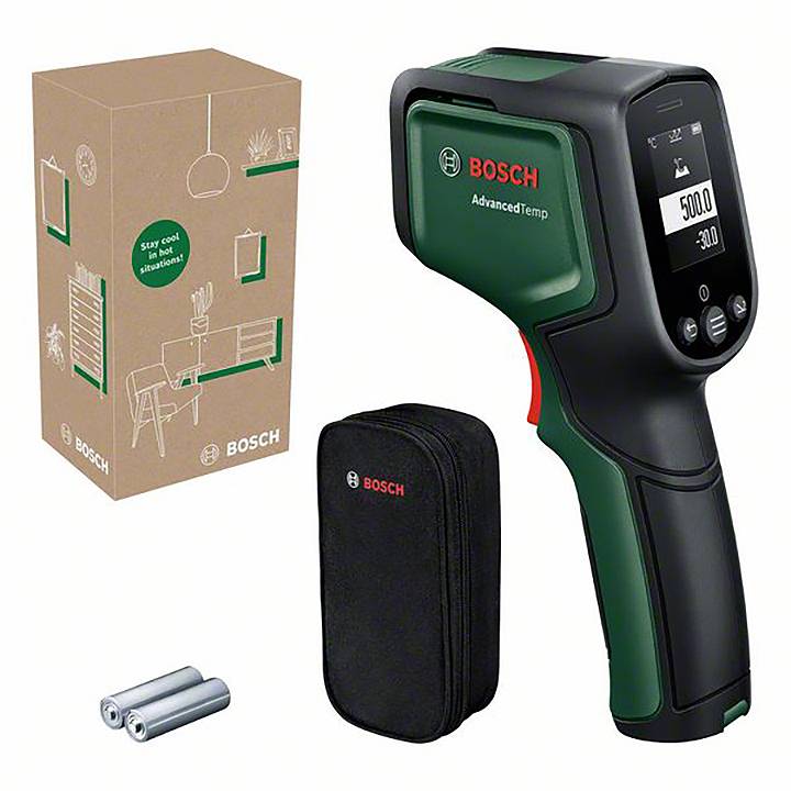 Bosch infraröd termometer 'AdvancedTemp' och tillbehör bredvid förpackningen. Mäter temperaturer upp till 500 °C. Innehåller batterier och väska.