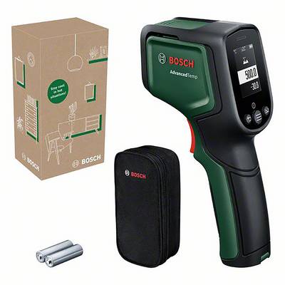 Bosch infraröd termometer 'AdvancedTemp' och tillbehör bredvid förpackningen. Mäter temperaturer upp till 500 °C. Innehåller batterier och väska.