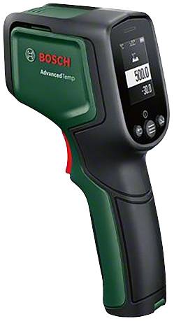 En Bosch infraröd termometer med digitalt display mäter temperaturer. Displayen visar '500.0'.