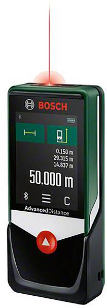 Boschs lasermätare visar ett avstånd på 50 000 m. Displayen innehåller måttenheter, Bluetooth-symbol och batterinivå.