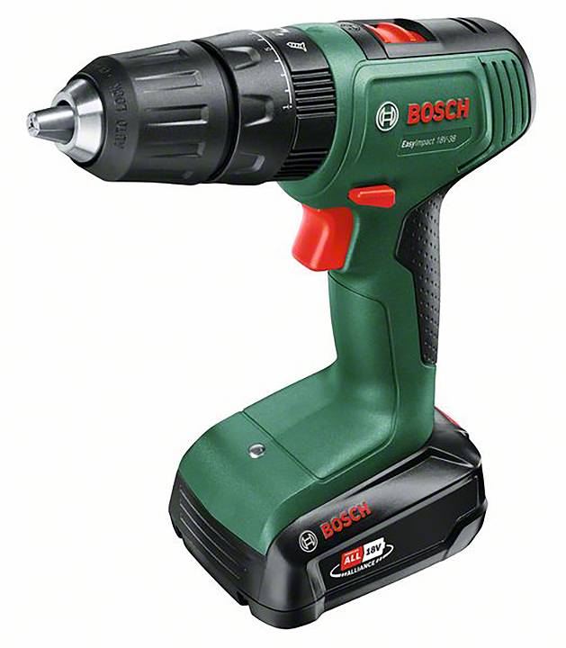 En grön sladdlös borrskruvdragare med svart handtag och röda detaljer. Märke Bosch. På batteriet: '18V'. Lämplig för hemmafixarjobb.
